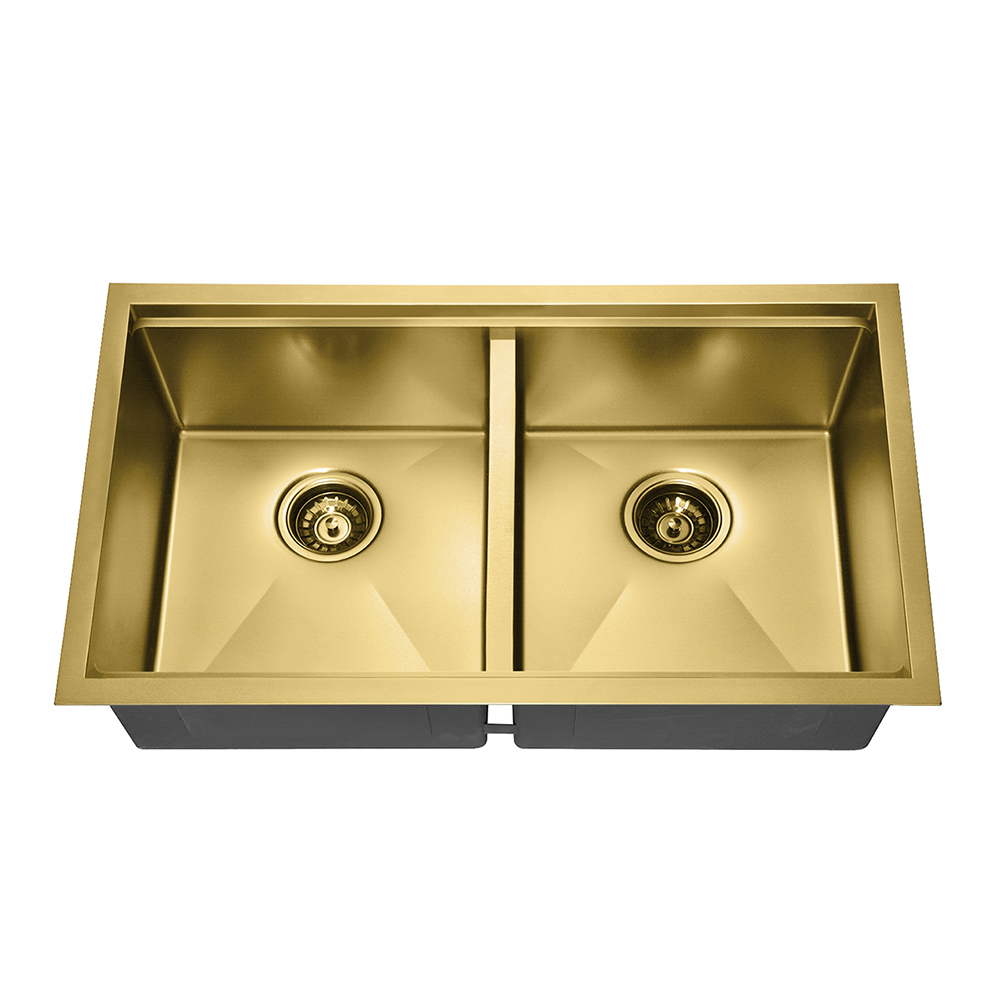 Gold Nano PVD 32 Inch 304 Stainless Steel Handmade 50/50 Double Bowl Workstation Kitchen Sink