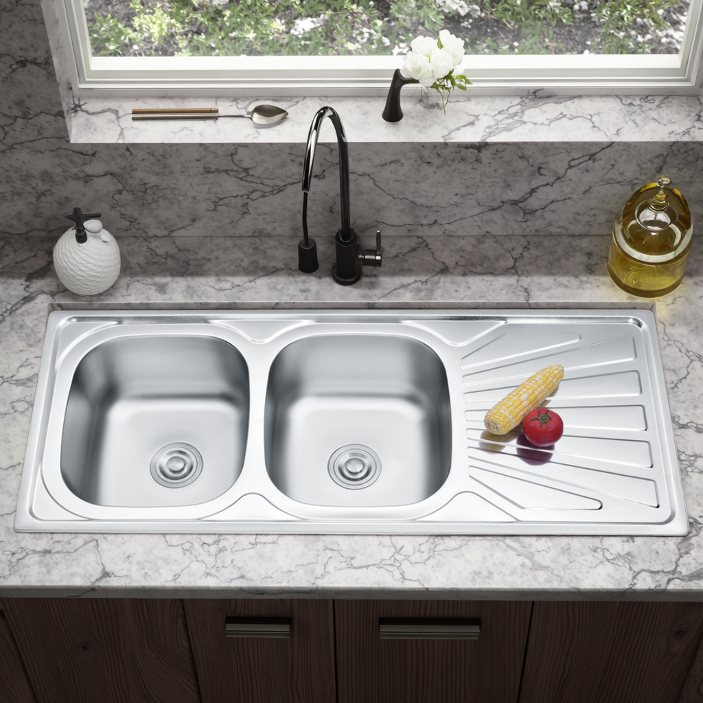 t 304 Double Bowl Stainless Steel Two Hole Handmade Modern Kitchen Sink See reviews