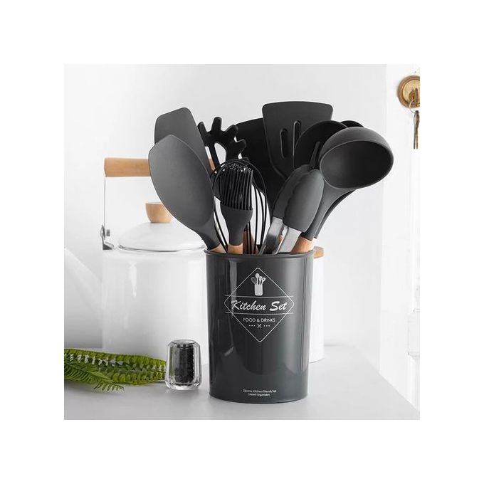 12PCS Silicon Non-Stick Cooking Spoon Set- Black